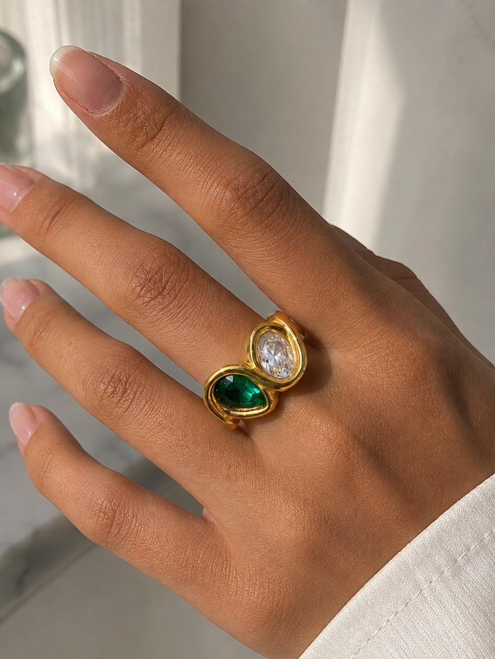 SIZE 7 | 18K Gold Plated Emerald Green & Clear Teardrop Statement Ring